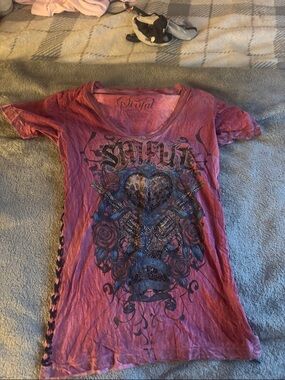 Sinful Pink Graphic V-Neck Short Sleeve Tee with Side Lacing